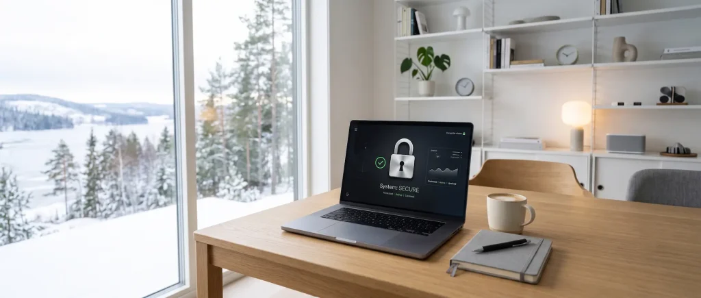 En bærbar PC på et kontor med snødekt norsk natur i bakgrunnen som viser en sikker VPN-tilkobling med teksten System SECURE.