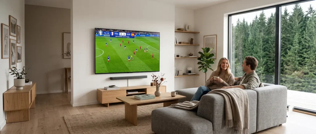 Et par som sitter i en lys skandinavisk stue og strømmer en fotballkamp på en stor Smart-TV på veggen.