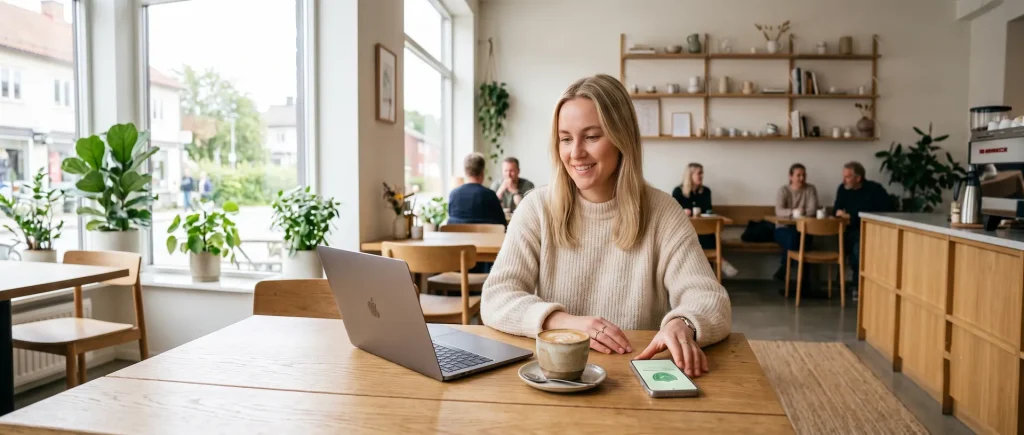 En kvinne på en lys skandinavisk kafé som bruker en sikker VPN-app på mobilen mens hun jobber på bærbar PC.