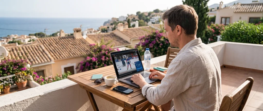 Hvilken VPN er best for å se norsk TV i utlandet: En mann som strømmer norsk sport på bærbar datamaskin på en terrasse i utlandet.