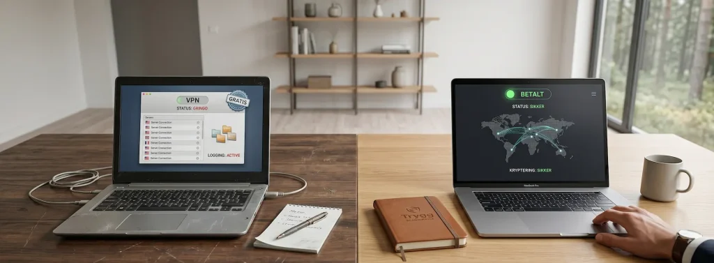 Et fotorealistisk bilde som illustrerer forskjellen på en usikker gratis VPN og en sikker betalt VPN-tjeneste i Norge