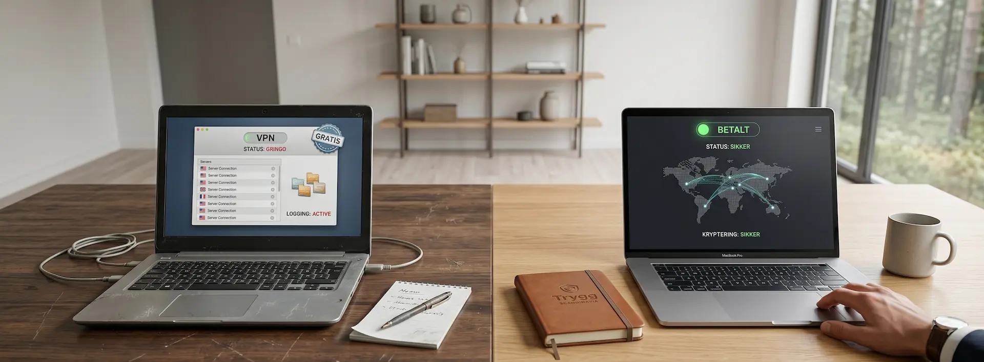 Et fotorealistisk bilde som illustrerer forskjellen på en usikker gratis VPN og en sikker betalt VPN-tjeneste i Norge