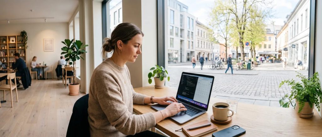 Kvinne som bruker velge VPN på laptop i en moderne kaffebar