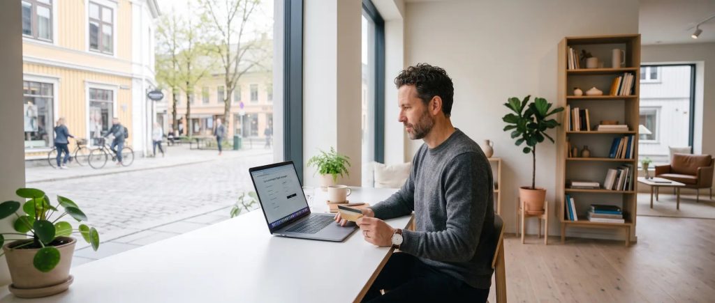 Mann som sitter på kafé og vurderer å kjøpe premium VPN med kredittkort