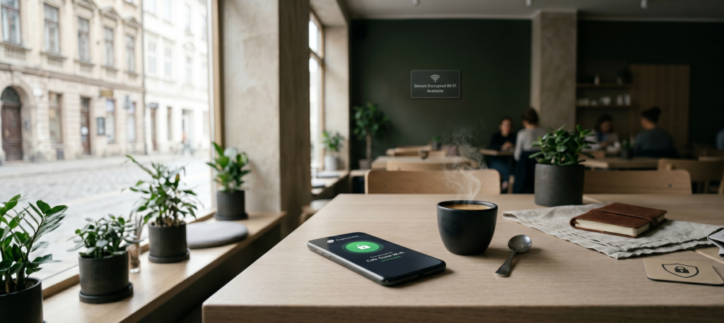 ExpressVPN mobilapplikasjon åpen på en smarttelefon på et kafébord for sikker kryptert surfing