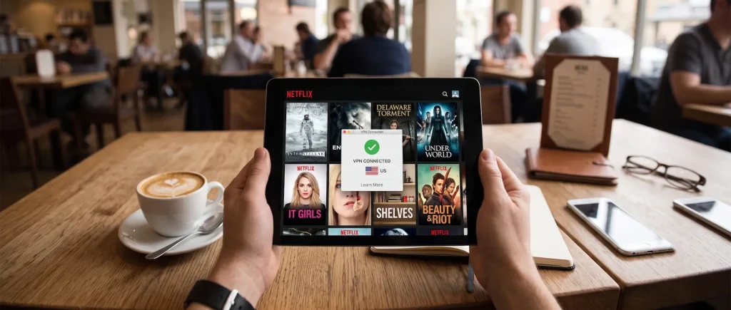 En person holder et nettbrett på en kafé som viser en aktiv VPN-tilkobling til USA og Netflix-biblioteket