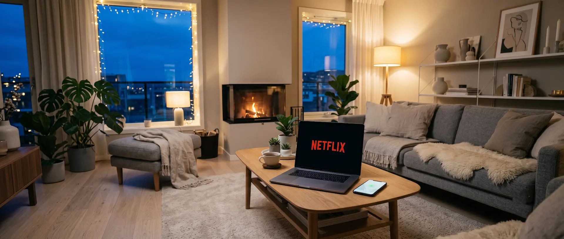 En koselig skandinavisk stue der en bærbar PC på bordet viser Netflix-logoen, klar for strømming av amerikansk Netflix i Norge.