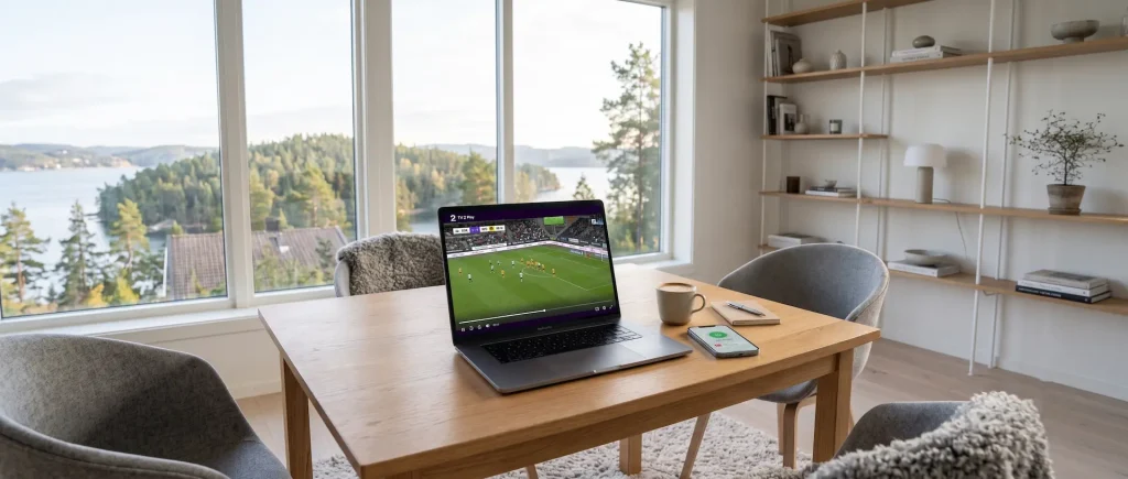 En bærbar PC på et bord som strømmer TV 2 Play i utlandet ved hjelp av en VPN-app på mobilen i et skandinavisk stueinteriør.