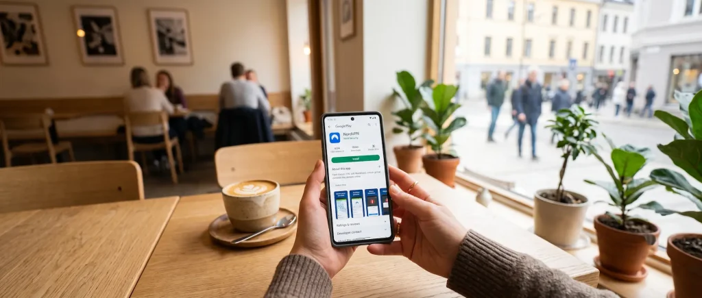 Nedlasting av en sikker VPN-app fra Google Play Store på en Android-telefon.