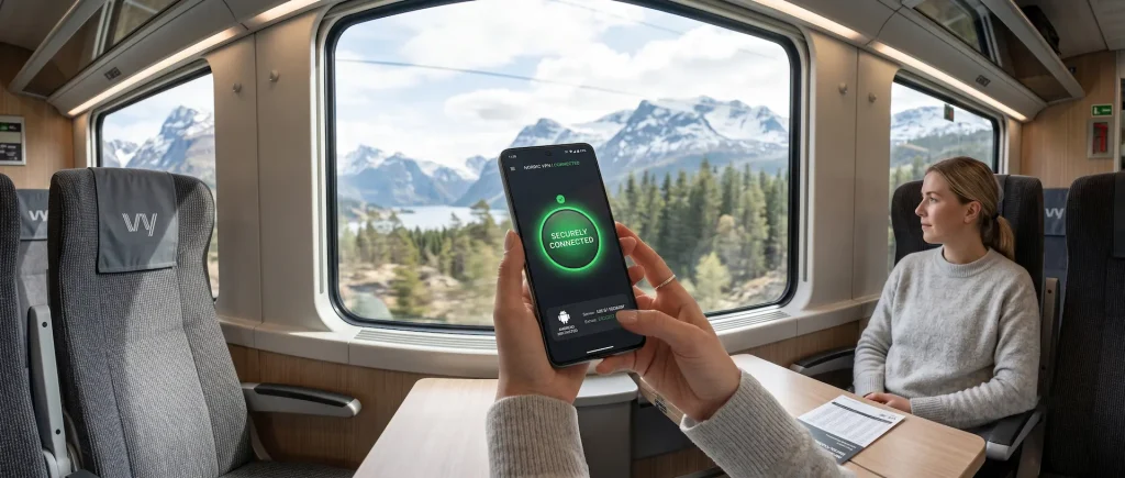 En reisende på Vy-toget i Norge bruker en Android-mobil for å finne den Beste VPN for andoid og sikre sin tilkobling, med fjorder i bakgrunnen.
