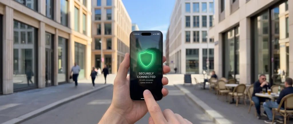 En person som bruker den Beste VPN for iPhone i et moderne og trygt skandinavisk bymiljø.