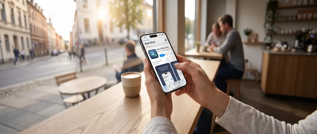En person laster ned en app fra Apple App Store på en iOS-mobil for å finne den Beste VPN for iPhone.