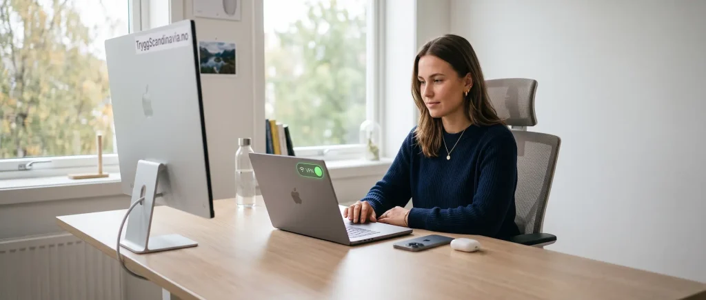 En kvinne tester **Beste VPN for Mac** på sin MacBook Pro M3 i et lyst kontorlandskap