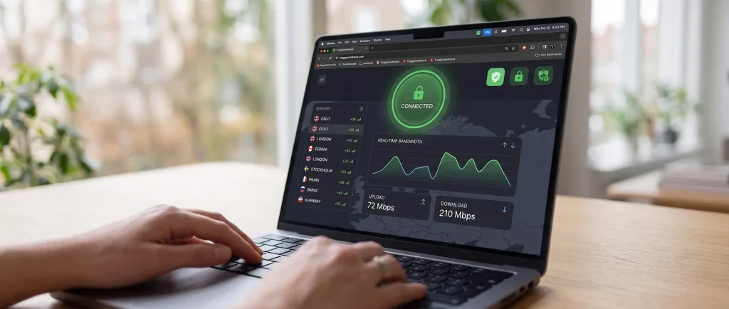 Nærbilde av MacBook-skjerm som viser grensesnittet til vår kåring av **Beste VPN for Mac** med rask norsk server