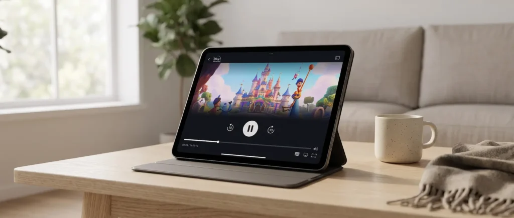 Nettbrett på skrivebord som viser Disney+ grensesnitt for å se disney plus i utlandet