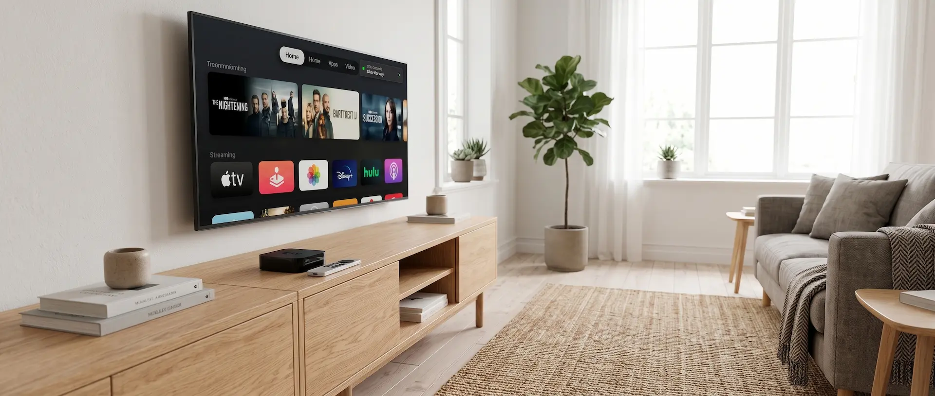 Apple TV på TV-benk som viser beste vpn for apple tv tilkoblet norsk server