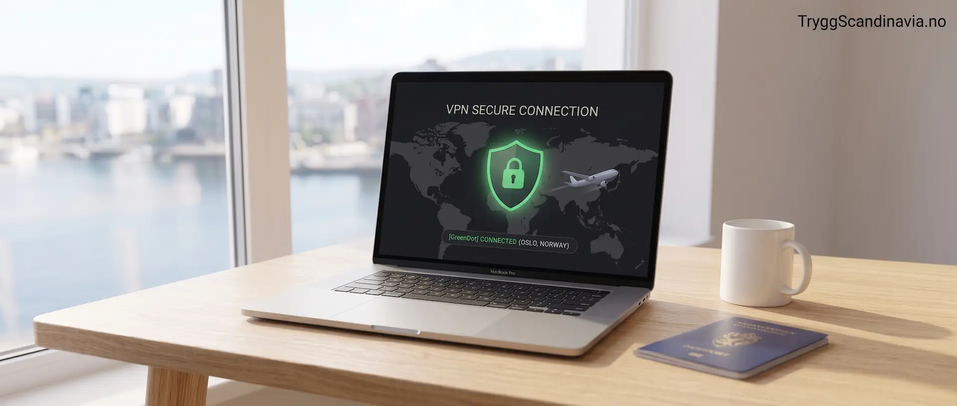 Bærbar datamaskin som viser billigere flybilletter sikker VPN-tilkobling ved siden av et pass på et trebord