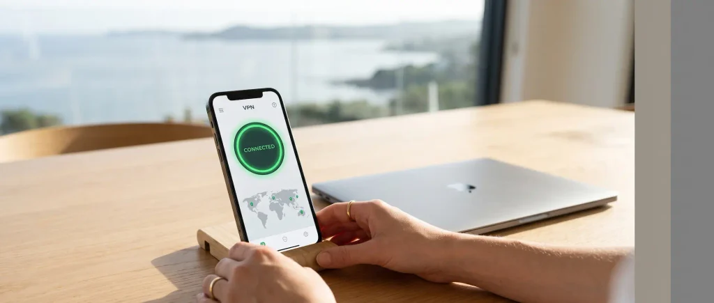 Mobiltelefon på trestativ som viser aktiv VPN-status med bakgrunn av skandinavisk natur