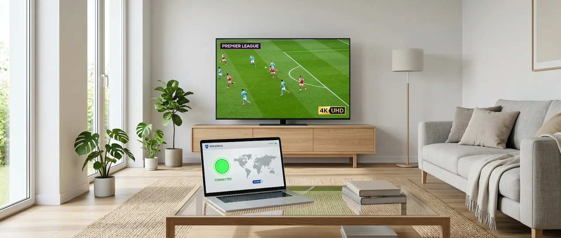 TV i en skandinavisk stue som viser en fotballkamp med en bærbar datamaskin i forgrunnen som viser aktiv VPN