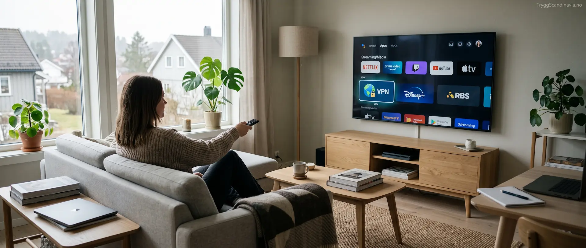 kvinne som bruker fjernkontroll for å finne beste vpn for smart tv i en lys skandinavisk stue