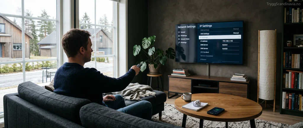 mann som konfigurerer smart dns og ip-innstillinger på samsung og lg tv
